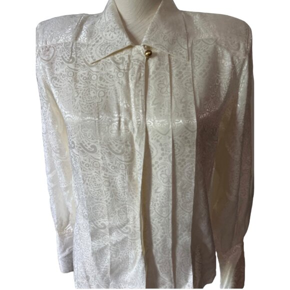 Liz Claiborne Vintage Pleated Front Collared Silky Blouse Sz 8 (Medium) Off Whit - Picture 16 of 16